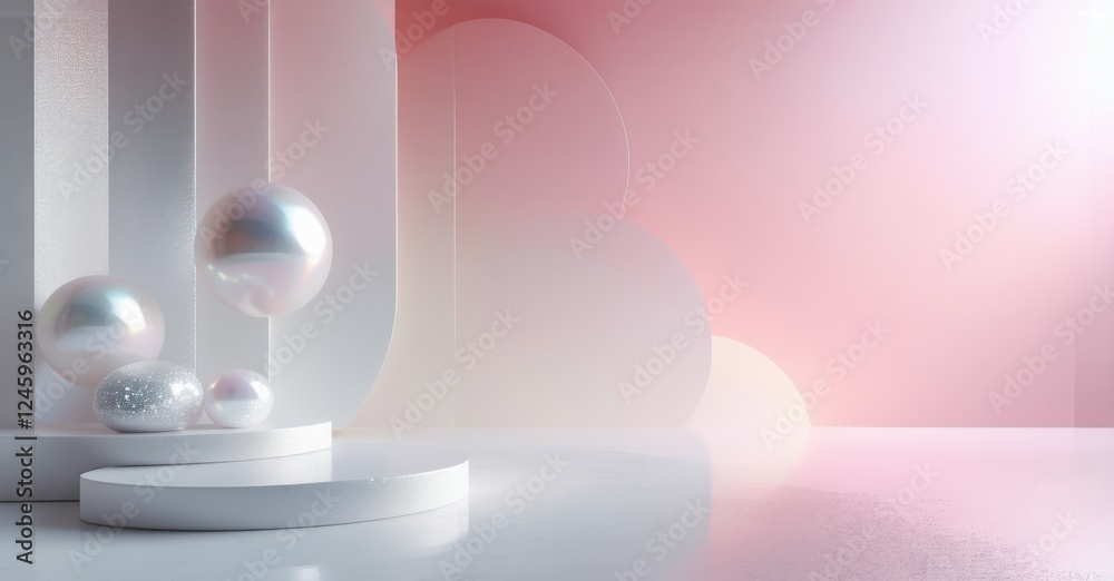 Soft pearl landscape with spheres and subtle geometric shapes, featuring a gradient fading from silvery white to blush pink, with a fine grain texture and bright contrast Soft pearl landscape with spheres and subtle geometric shapes, featuring a gradient fading from silvery white to blush pink, with a fine grain texture and bright contrast