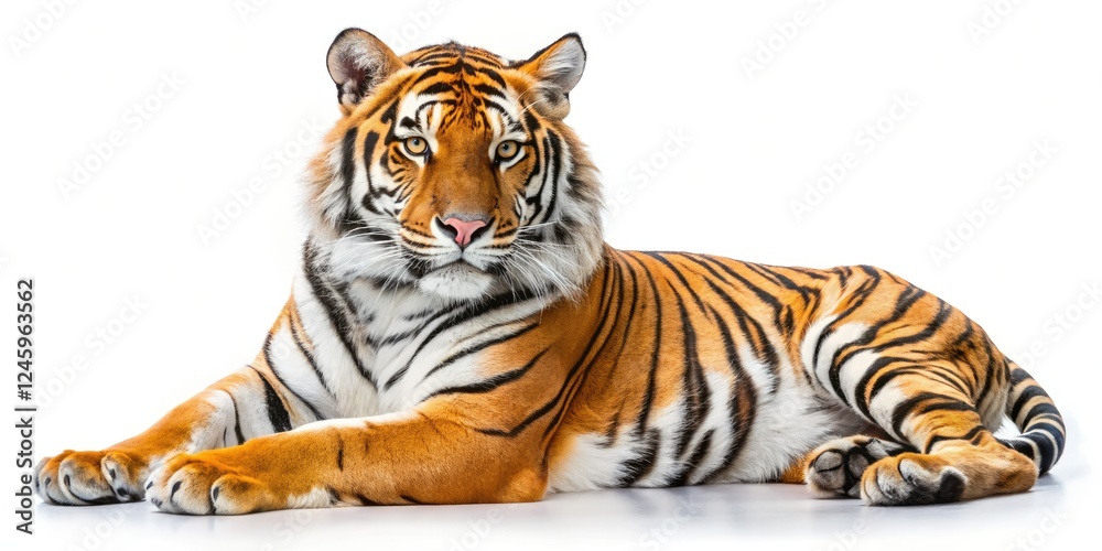 Fototapeta premium Serene Bengal tiger, peacefully sleeping against a minimalist white backdrop.