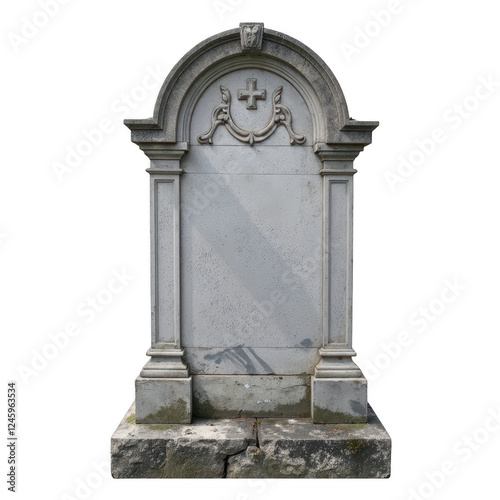 Classic gravestone, ornate stone structure with arches and a blank surface, symbolizing remembrance and history. Isolated on white background or PNG
