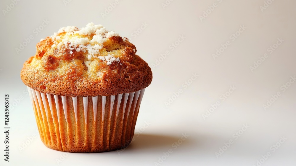 Delicious golden muffin with crumb topping on a light background Delicious golden muffin with crumb topping on a light background
