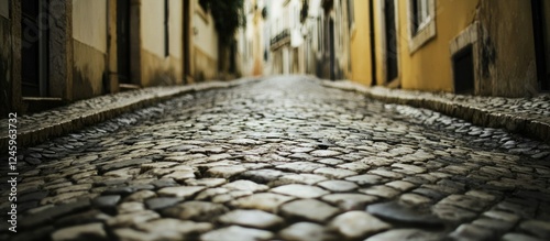 Traditional Portuguese cobblestone pavement in a narrow Lisbon street showcasing intricate designs and historical charm.
