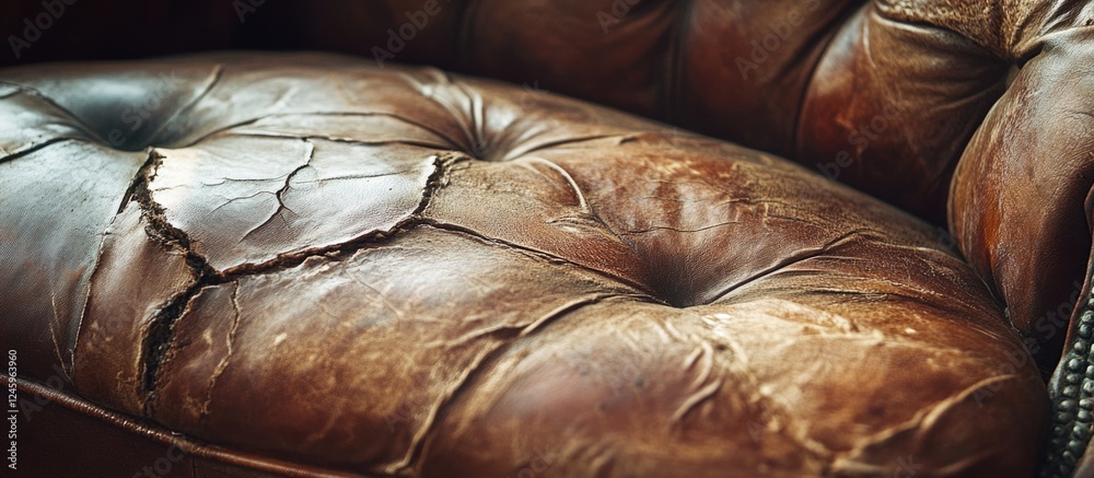 Worn cracked leather texture on an antique sofa showcasing damage and age with rich brown tones and unique detailing.