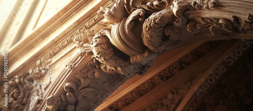 Ornate corner ceiling cornice with intricate detailing showcasing classic architectural craftsmanship and warm lighting effects.