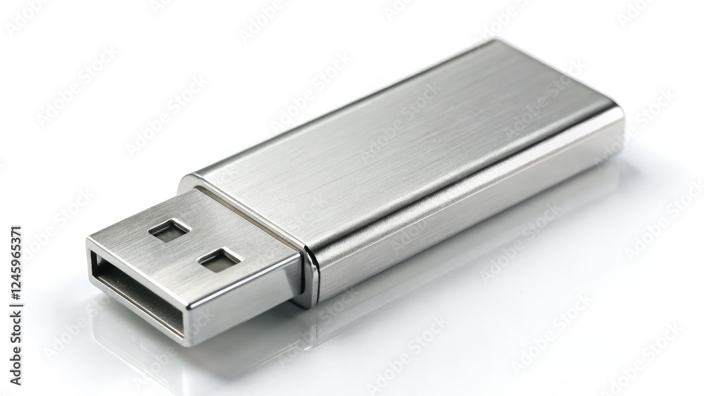 Sleek silver USB flash drive, high-resolution stock photo showcasing portable data storage. Sleek silver USB flash drive, high-resolution stock photo showcasing portable data storage.