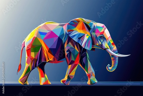 Colorful polygonal elephant walking, dark background, art print (1) photo