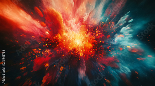 Wallpaper Mural A vivid explosion of bright orange, red, and blue particles creates an abstract representation of an energy burst, symbolizing power, dynamism, and creative force. Torontodigital.ca