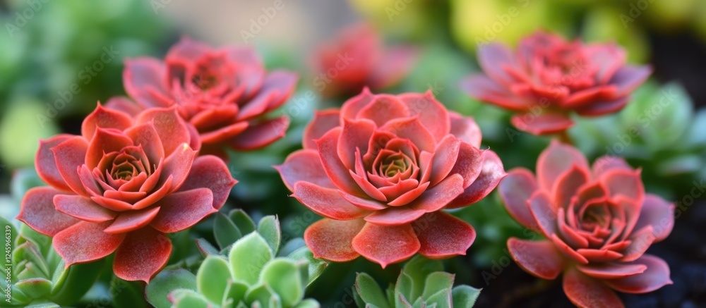 custom made wallpaper toronto digitalVibrant red succulent flowers with intricate petals enhancing a lush green background in a serene botanical setting.