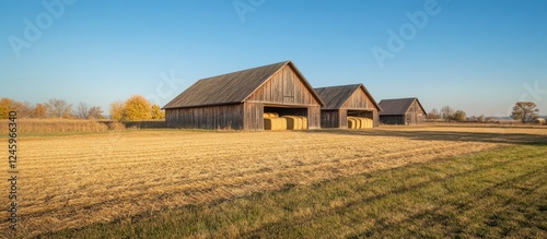 Fototapeta Naklejka Na Ścianę i Meble -  Golden wheat straw bales in rustic farm landscape under clear blue sky with traditional wooden barns in the background.