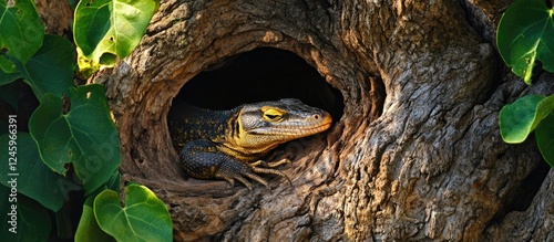 Water Monitor Lizard Varanus salvator resting in a tree hollow surrounded by foliage in Kruger National Park South Africa photo