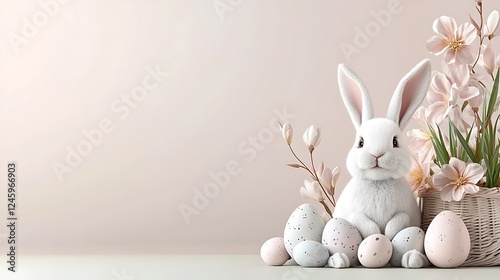 Easter day celebration with pastel tone eggs and bunny indoor spring environment whimsical view photo