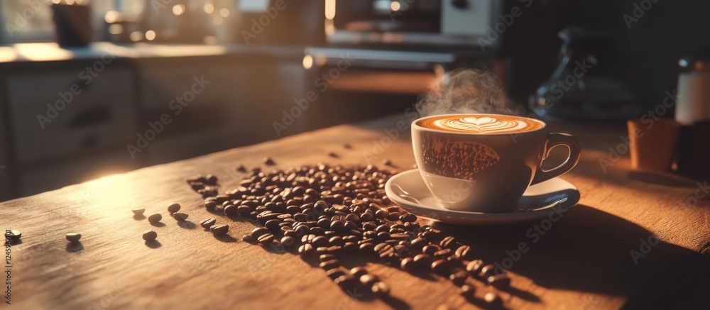 Freshly brewed coffee surrounded by coffee beans in a cozy kitchen setting with warm sunlight illuminating the scene. Freshly brewed coffee surrounded by coffee beans in a cozy kitchen setting with warm sunlight illuminating the scene.