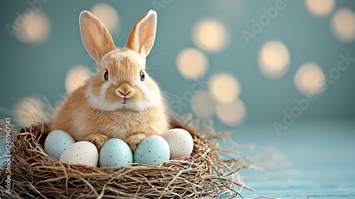 Easter day celebration adorable bunny nesting pastel easter eggs in springtime bliss photo