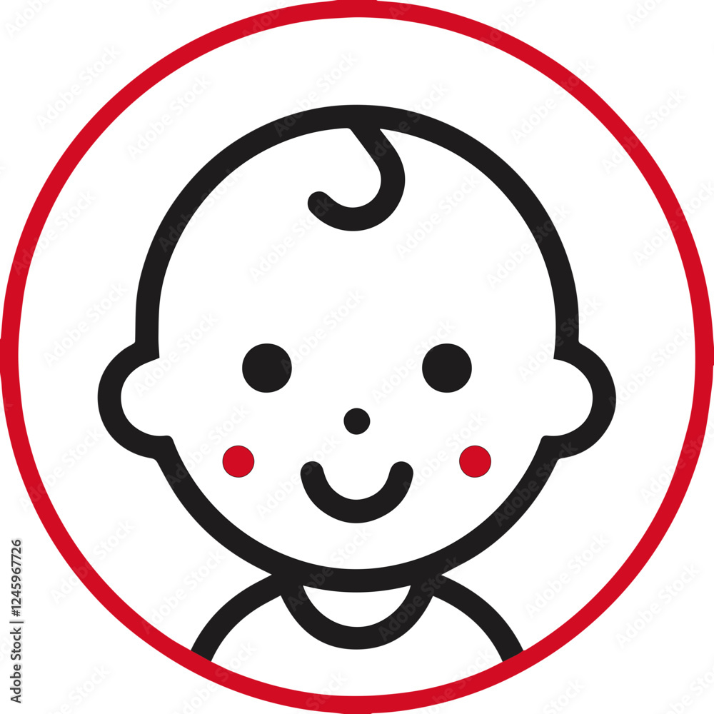 Smiling baby face icon in red border Smiling baby face icon in red border