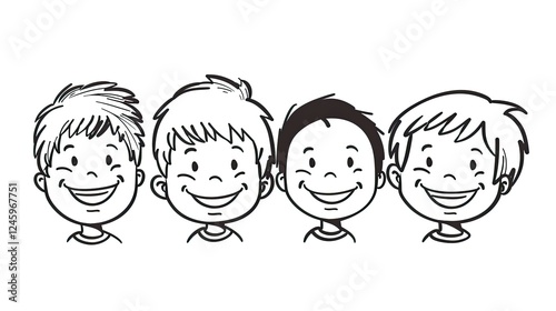 simple cartoon line art faces of smiling boys, on a white background
