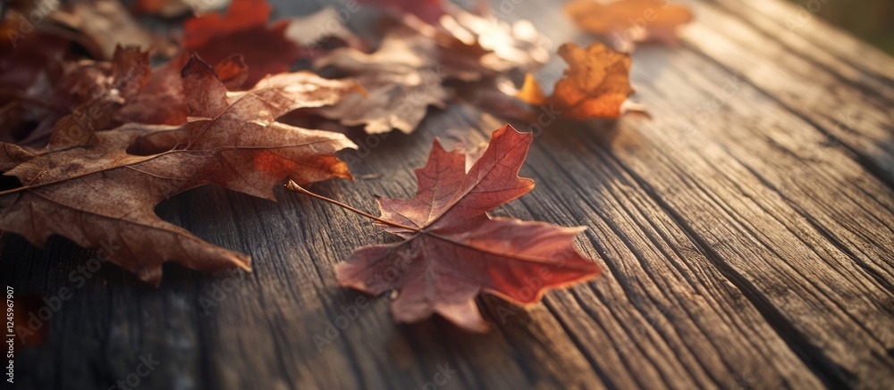 Obraz premium Autumnal scene featuring dry maple and oak leaves scattered on a rustic wooden table illuminated by soft natural light