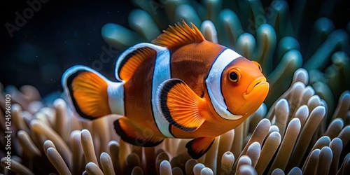 Stunning white and orange clownfish photographed in low light.