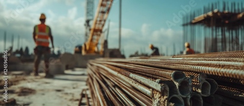 Reinforced concrete construction site with steel rebar prominently displayed and workers in the background ensuring structural integrity and safety. photo