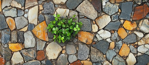 Fototapeta Naklejka Na Ścianę i Meble -  Close-up views of colorful cobblestone streets featuring small green plants in an urban setting in Brazil.