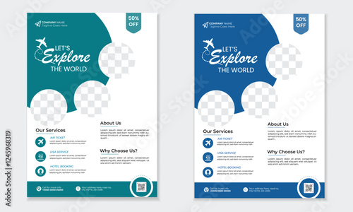 Modern A4 travel flyer or brochure template design for travel agency with ellipse and polygon shape 