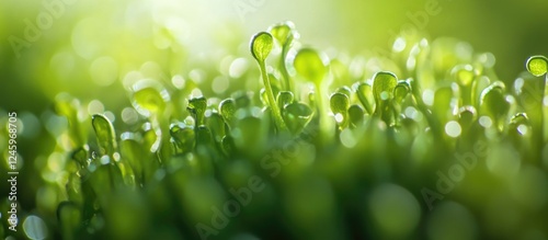 Microscopic close-up of vibrant green duckweed plants illuminated in soft natural light with a blurred background photo