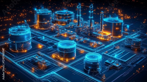 Aerial View Oil Gas Terminal wireframe concept. The professional digital wireframe rendering of an aerial oil and gas facility