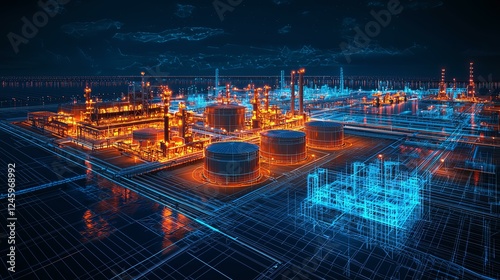 Aerial View Oil Gas Terminal wireframe concept. The premium quality digital wireframe rendering of a coastal oil terminal