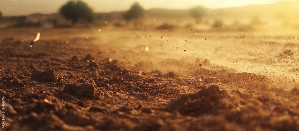 Desert landscape with dry, cracked soil illuminated by golden sunlight highlighting texture and dust in a warm, arid environment. Desert landscape with dry, cracked soil illuminated by golden sunlight highlighting texture and dust in a warm, arid environment.