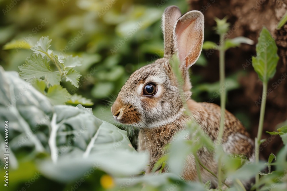 Fototapeta premium Wild rabbit sitting among lush greenery in a natural habitat during daylight hours observing its surroundings