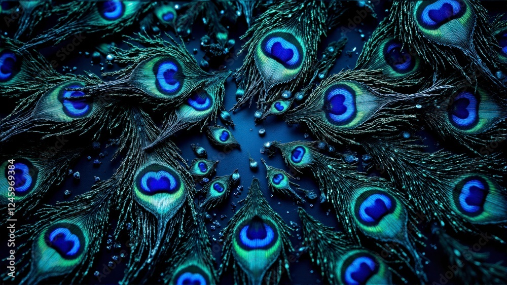 Fototapeta premium A close up of a peacock's feathers with blue eyes