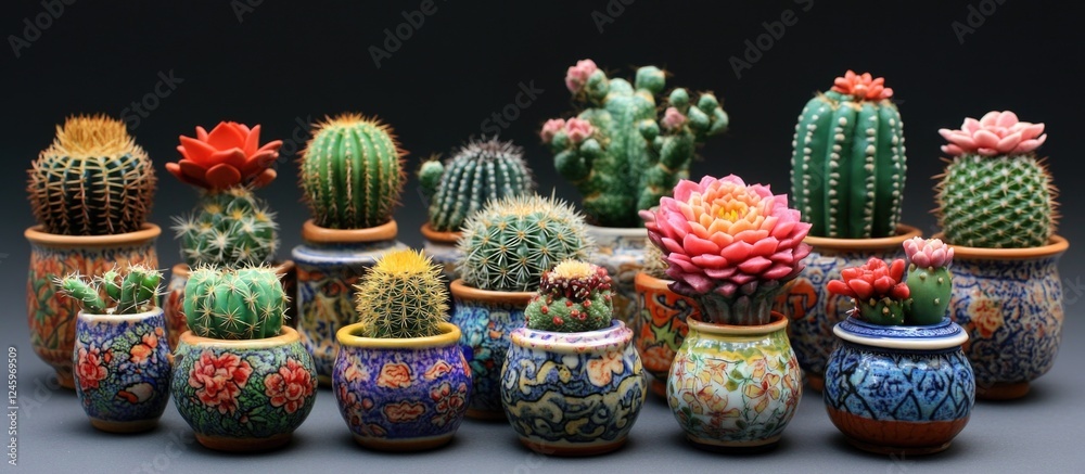 Naklejka premium Diverse collection of beautifully potted cacti displaying various shapes and colors against a dark background for decorative inspiration