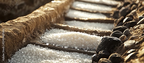 Close-up view of traditional salt pan with salt crystals amidst mud walls and black volcanic stones, highlighting natural crystallization process.