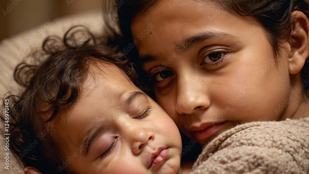 Embracing warmth and love between siblings during a quiet moment at home in the cozy evening glow Embracing warmth and love between siblings during a quiet moment at home in the cozy evening glow