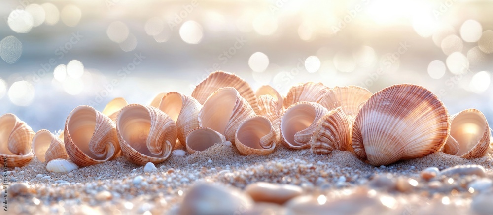 Empty common cockle shells arranged on sandy beach with soft sunlight and bokeh effect highlighting coastal beauty in Norway. Empty common cockle shells arranged on sandy beach with soft sunlight and bokeh effect highlighting coastal beauty in Norway.
