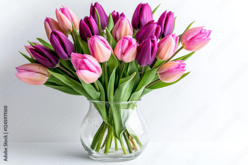 A vibrant bouquet of pink and purple tulips in a clear glass vase. isolated on white background. A vibrant bouquet of pink and purple tulips in a clear glass vase. isolated on white background.