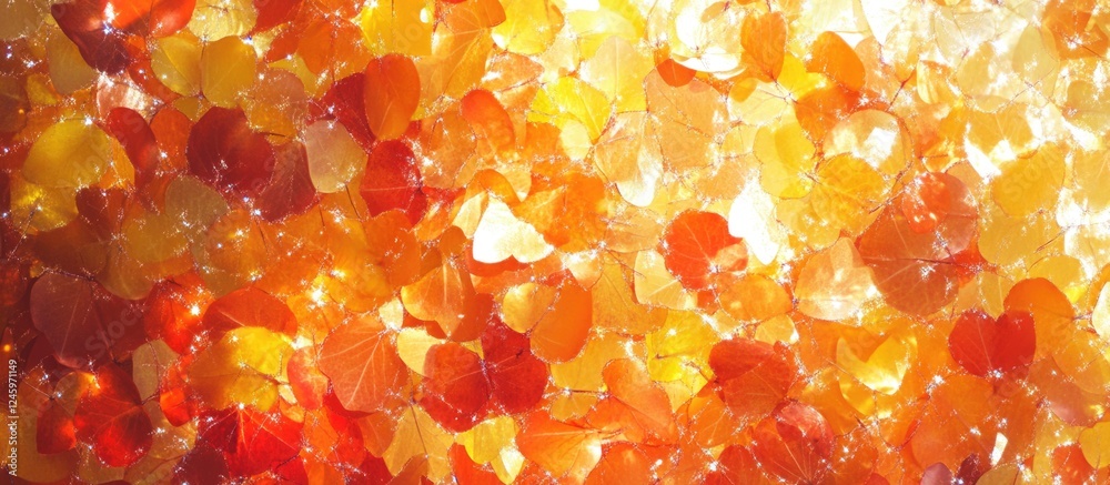 Vibrant Autumn Leaves Texture Featuring Shimmering Colors of Red Orange and Yellow for Seasonal Background or Decorative Use