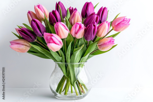 Wallpaper Mural A vibrant bouquet of pink and purple tulips in a clear glass vase. isolated on white background. Torontodigital.ca