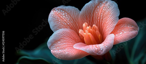 Elegantly detailed close-up of a vibrant pink canna lily flower with water droplets on delicate petals against a dark background.