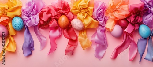 Colorful Easter eggs adorned with vibrant ribbons and bows arranged on a soft pink background for festive spring celebrations.