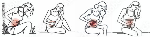 set continuous line woman stomach ache