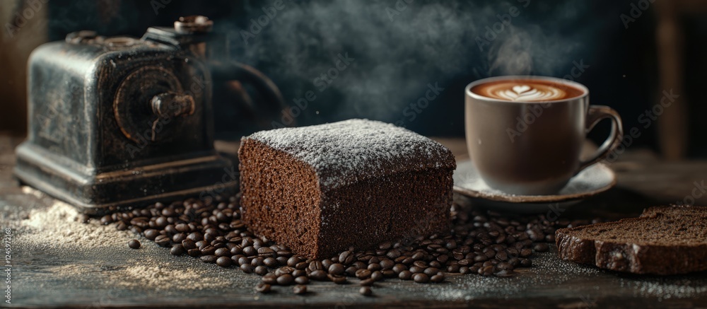 Coffee cup with black bread on rustic wooden table surrounded by coffee beans and vintage grinder creating a warm cozy atmosphere Coffee cup with black bread on rustic wooden table surrounded by coffee beans and vintage grinder creating a warm cozy atmosphere