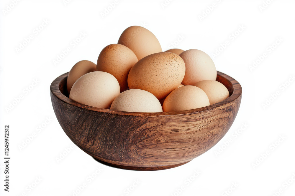 A wooden bowl filled with fresh brown eggs, perfect for cooking and baking. isolated on white background. A wooden bowl filled with fresh brown eggs, perfect for cooking and baking. isolated on white background.