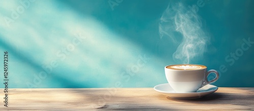 Cappuccino cup with steam on wooden surface against vibrant blue background ideal for coffee-related themes and advertising copy space