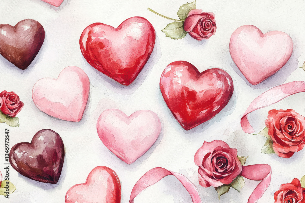 Obraz premium Colorful heart-shaped chocolates and roses create a romantic and sweet atmosphere.