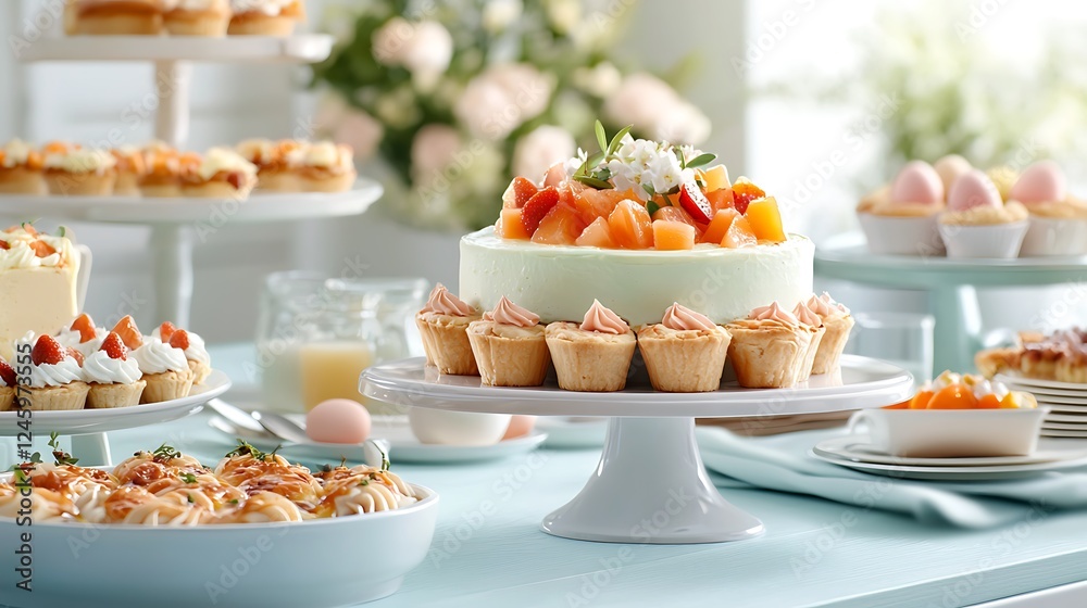 Fototapeta premium Easter day celebration with pastel tone cakes and eggs bright kitchen setting delicious treats