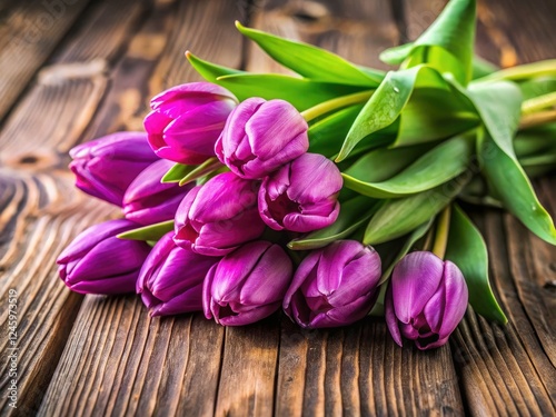 Vibrant purple tulips in sharp focus, a spring still life on weathered wood.