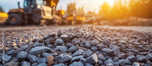 Crushed river stones used for asphalt road construction with machinery in the background during sunset at a construction site photo