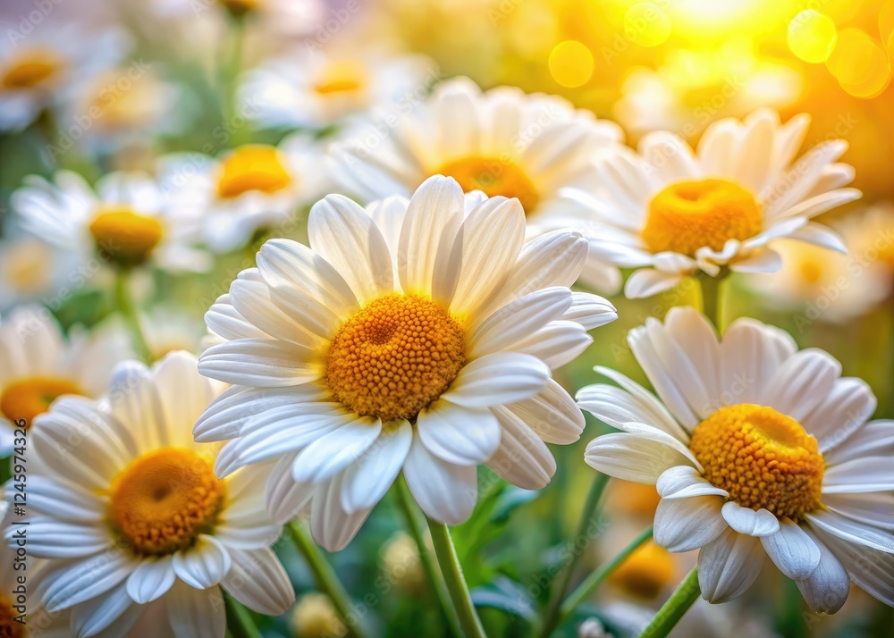 Obraz premium Vibrant yellow and white daisies dominate this macro shot, showcasing exquisite detail and shallow depth of field in a flower garden.