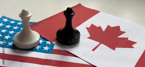 Two knights standing on American flag and Canadian flag.