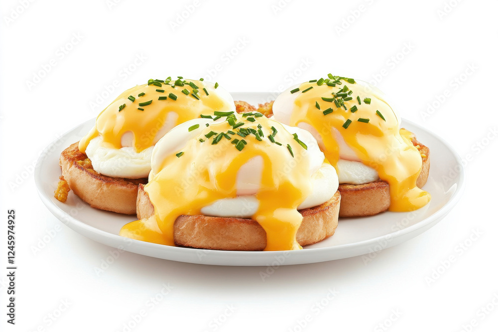 Delicious eggs benedict served with creamy hollandaise sauce and fresh chives. isolated on white background. Delicious eggs benedict served with creamy hollandaise sauce and fresh chives. isolated on white background.
