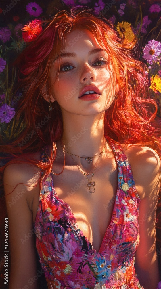 Woman with cascading red hair in a psychedelic neon jumpsuit dances in a neonlit garden The scene captures neoclassical elegance with modern surrealism in oil painting style Woman with cascading red hair in a psychedelic neon jumpsuit dances in a neonlit garden The scene captures neoclassical elegance with modern surrealism in oil painting style